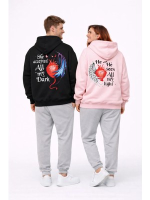 Nevermind Sevgili Kombini Melek Şeytan Kalp Baskılı Oversize Hoodie Seti Kadın Erkek