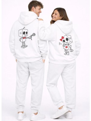 Nevermind Robot Baskılı Sevgili Kombini Oversize Hoodie Seti Kadın Erkek Unisex