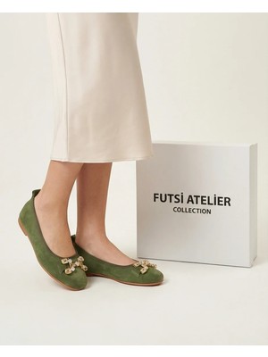 Futsi Shoes Mıstral Yeşil Süet Hakiki Deri Taş Tokalı Kadın Babet Ayakkabı