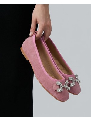 Futsi Shoes Mıstral Pembe Süet Hakiki Deri Taş Tokalı Kadın Babet Ayakkabı