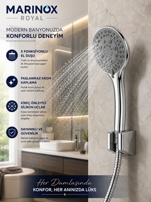Marinox Royal 5 Fonksiyonlu El Duşu Seti 150 cm Spiral Hortumlu Krom Duş Askılı Duş Başlığı Takımı