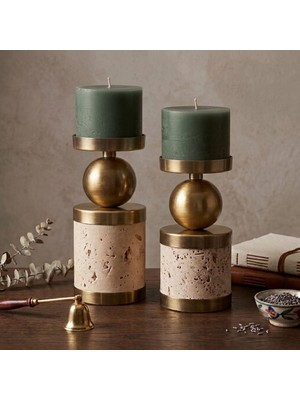 Lussart Collection Lena Natural Traverten Eskitme Metal Detaylı 2li Set Şamdan/mumluk