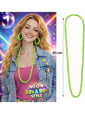 Mabelme Store Neon Yeşil Boncuk Kolye 80 cm – Retro 80’ler 90’lar Parti Aksesuarı