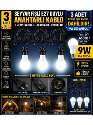 Econa 3 Adet Seyyar Fişli E27 Duylu Anahtarlı Kablo Seti + 3 Adet 9W LED Beyaz Işık Ampul Dahil | 2 Metre Siyah Arapuarlı Rondelalı Kablo Abajur, Avize, Kamp ve Dekoratif Aydınlatma