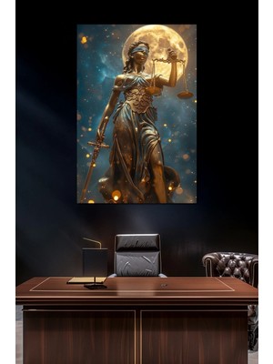Adalet Heykeli Baskılı Cam Tablo – Lady Justice Temalı Dekoratif Duvar Tablosu
