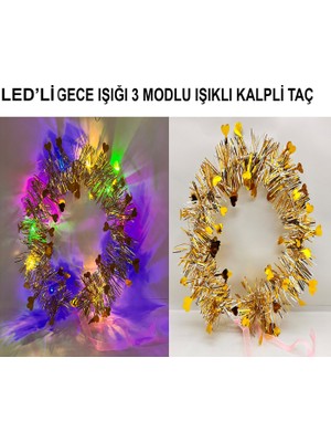 Kalp Püsküllü 3 Modlu LED Işıklı Taç Altın Renk