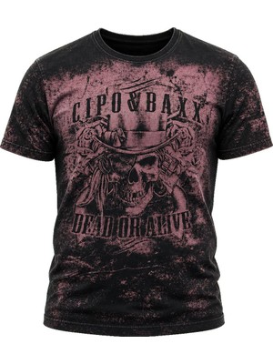 Cipo & Baxx Erkek Vintage Kuru Kafa Baskılı Bisiklet Yaka Slim Fit Kısa Kollu Tişört CT830