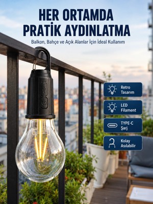Epilons Şarjlı Dekoratif Kamp Lambası Askılı Ampul LED Işık Type-C Girişli