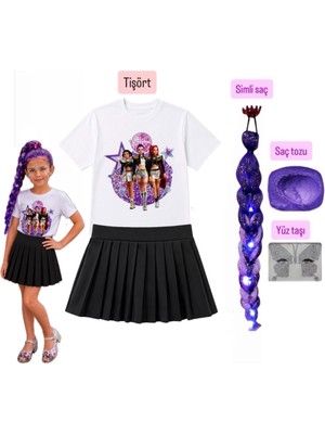 Bemora Kids Kız Çocuk Kpop Baskılı Huntrix Iblis Avcıları Baskılı Tişört + Siyah Şort Etek +Rumi Mor Simli Saç +Yüz Taşı+Saç Tozu Set Parti Doğum Günü Kız Çocuk Giyim
