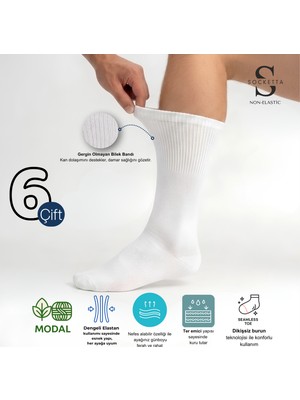 Socketta 6'lı Beyaz Erkek Lastiksiz Modal Dikişsiz Sıkmayan Diyabetik (Şeker) Soket Çorap - Premium