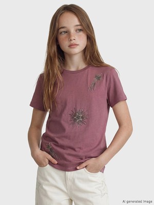 LC Waikiki Lcw Kids Pembe Bisiklet Yaka Boncuklu Kız Çocuk Tişört