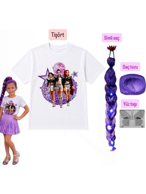 Bemora Kids Kpop Baskılı Huntrix Iblis Avcıları Baskılı Tişört + Rumi Mor Simli Saç +Yüz Taşı+Saç Tozu Set Parti Doğum Günü Kız Çocuk Giyim