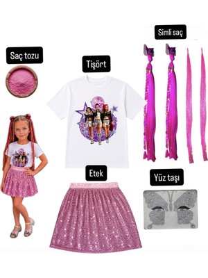 Bemora Kids Kpop Baskılı Tişört T-Shirt + Pembe Pullu Payetli Etek + Pembe Mira Simli Saç + Yüz Taşı + Pembe Saç Tozu 5li Set Doğum Günü Parti