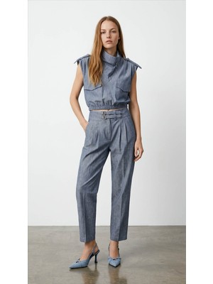Quzu Toka Detaylı Indigo Kadın Pantolon PNT02134