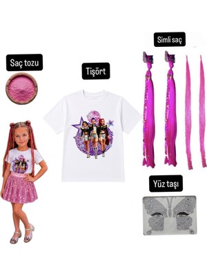 Bemora Kids Kpop Baskılı Tişört T-Shirt + Pembe Mira Simli Saç + Yüz Taşı + Pembe Saç Tozu 4 Lü Set Doğum Günü Parti