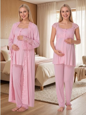 Lohussa Yeni Sezon Pembe Dantel Detaylı Düğmeli Tasarım Geniş Askılı %100 Pamuk Hamile Lohusa Sabahlık Pijama Takımı 3'lü Set
