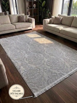 NarStore Home Rölyef Gri Joy Saçaklı Modern Yumuşak Dokulu Kabartmalı Kaymaz Taban Kesme Halı Yolluk
