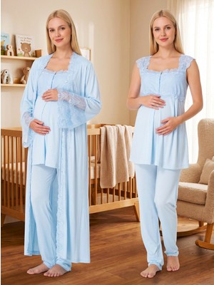 Lohussa Yeni Sezon Mavi Dantel Detaylı Düğmeli Tasarım Geniş Askılı %100 Pamuk Hamile Lohusa Sabahlık Pijama Takımı 3'lü Set