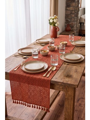 Como Home Püsküllü Kiremit Örme Runner 33X145 cm Pamuk Dantel Masa Örtüsü Salon ve Konsol Runner