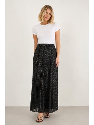 Bihan Store Kadın Kuşak Detaylı Pilise Şifon Maxi Etek 3883-SIYAH