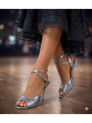 Bitangosu "gecenin Işığı" Simli Kelebek Model Kadın Tango Dans ve Salon Ayakkabısı 8,5 CM(13PONT) Koni Topuk