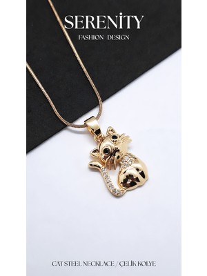 Serenity Gold Oturan Kedi Figür Çelik Kolye