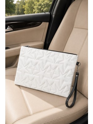 Adelina Bags Yıldız Nakış Işlemeli Portföy El Çantası Bilek Askılı Saten Astarlı Beyaz Clutch Çanta
