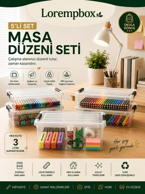 Lorempbox 5’li 3 L Masa Düzeni Saklama Kutusu Seti | Kilitli Kapaklı, Şeffaf Düzenleyici Kutu, Kırtasiye ve Hobi Organizeri
