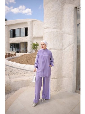 MİMİ LUXURY WEAR Kadın Şeritli Spor Tesettür Ikili Takım Dik Yaka Fermuarlı Tunik ve Pantolon Seti  542
