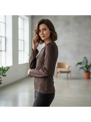 Bonbon Kadın Kadife Kumaş Uzun Kollu Kahve Renk Bluz BB2774