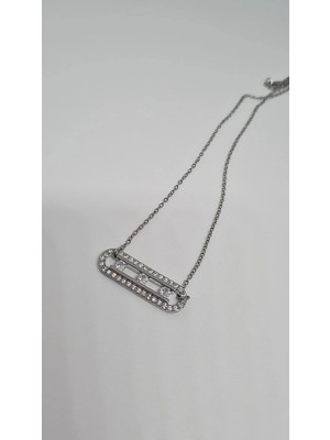 Stainles Steel Çelik Silver Taşlı Dikdörtgen Form Kolye