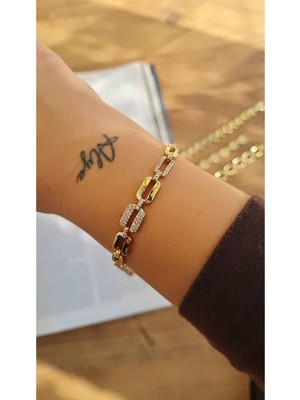 Xuping Jewelry Kuyumcu Işçiliğinde Hazırlanmış Zirkon Detaylı Geometrik Gold Kadın Çelik Bileklik