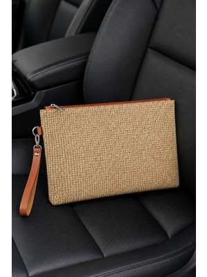 Adelina Bags Hasır Portföy El Çantası Bilek Askılı Saten Astarlı Hasır Görünümlü Clutch Çanta