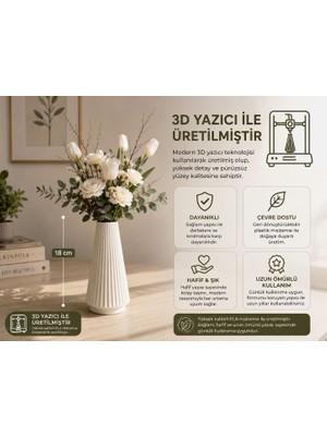 Emas Design Modern 3D Baskı Dekoratif Çizgili Vazo – 18 cm | Minimal Ev Dekoru