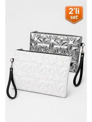 Adelina Bags 2'li Çanta Paketi Yıldız Desenli Portföy El Çantası Bilek Askılı Clutch Çanta