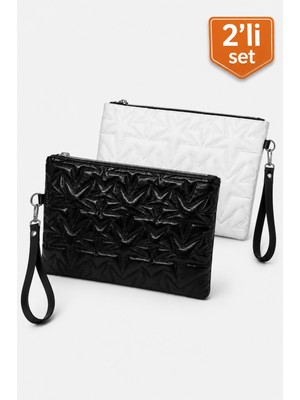 Adelina Bags 2'li Çanta Paketi Yıldız Desenli Portföy El Çantası Bilek Askılı Clutch Çanta