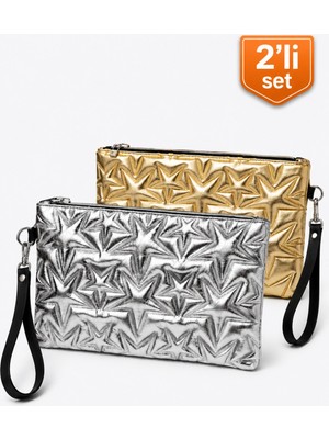 Adelina Bags 2'li Çanta Paketi Yıldız Desenli Portföy El Çantası Bilek Askılı Clutch Çanta
