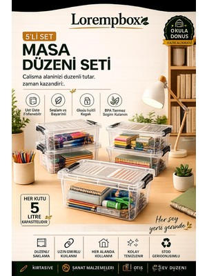 Lorempbox 5’li 5 L Masa Düzeni Saklama Kutusu Seti Kilitli Kapaklı, Şeffaf Düzenleyici Kutu, Kırtasiye ve Hobi Organizeri