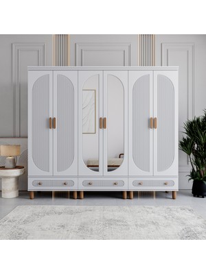 Monzio Milen 6 Kapaklı Çekmeceli Gardırop Tamamı MDF (Beyaz)