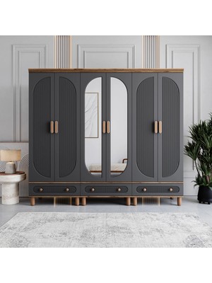 Monzio Milen 6 Kapaklı Çekmeceli Gardırop Tamamı MDF (Antrasit)