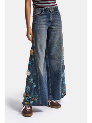 It's Basic Kadın Koyu Kot 4W6-8 Palazzo Fit Nakış ve 3D Gül Detaylı Özel Tasarım Denim Jean