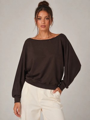 Sortie Collection Kayık Yaka Yarasakol Modal Bluz Kahverengi