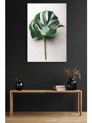 Şehber Gri Arka Plan Üzerinde Monstera Yaprağı Içeren Minimalist Dekoratif Dikey Kanvas Tablo Tekli 3466