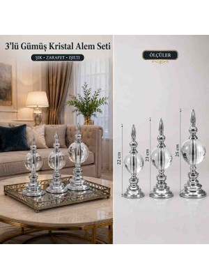 3’lü Gümüş Kristal Düz Taşlı Alem Seti – Dekoratif Salon ve Misafir Odası Aksesuarı