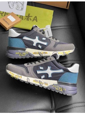Premiata Erkek Gri - Lacivert Süet ve Kumaş Detaylı Baskılı Taban Sneaker Spor Ayakkabı