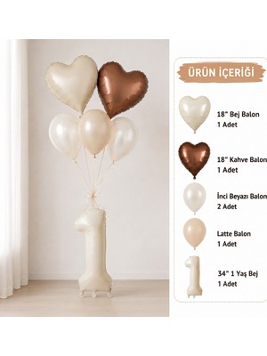 Çavuş E-Ticaret 1 Yaş Retro Bej Yaş Balon Seti Kalpli Doğum Günü Setleri Kahve Bej Parti Setleri
