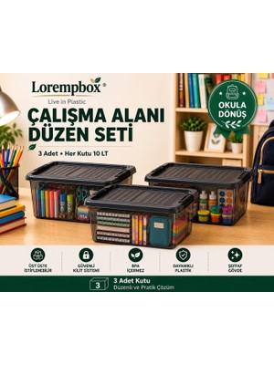 Lorempbox Çalışma Alanı Düzen Seti 3’lü 10 Lt Antrasit Saklama Kutusu | Kilitli, Istiflenebilir Çok Amaçlı Düzenleme Kutusu