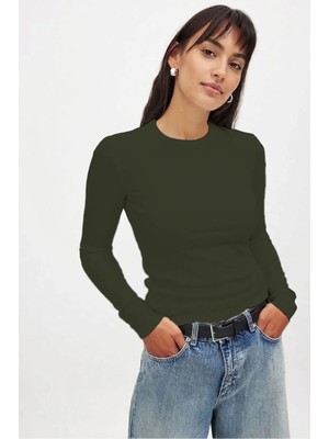 Kadın Haki Uzun Kollu Bisiklet Yaka T-Shirt Bluz Kaşkorse Fitilli