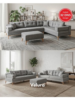 Velura Home & Living Zeri Yataklı Puzzle Modüler Köşe Koltuk Takımı & Köşe Takımı & Keten Koltuk Takımı - Gri - 104