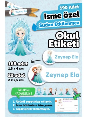 Msticker Okul Etiketi Kalem Defter Isimli Etiket Isim Yazılabilen Elsa2 - 190 Adet Özel Tasarım Etiket